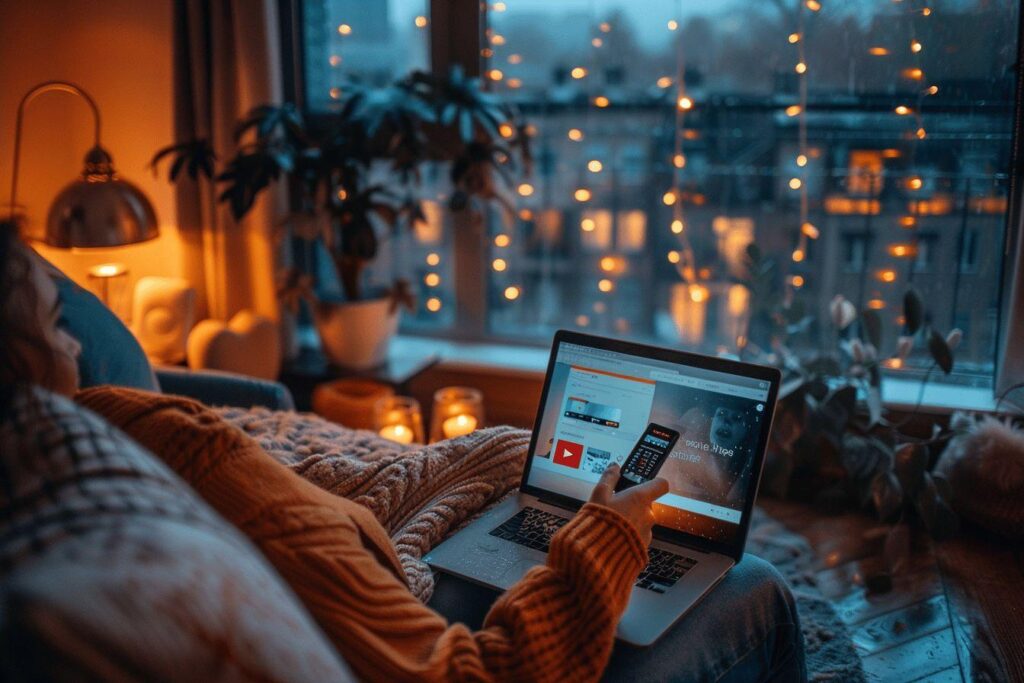 Laptop computer on couch in cozy winter home setting