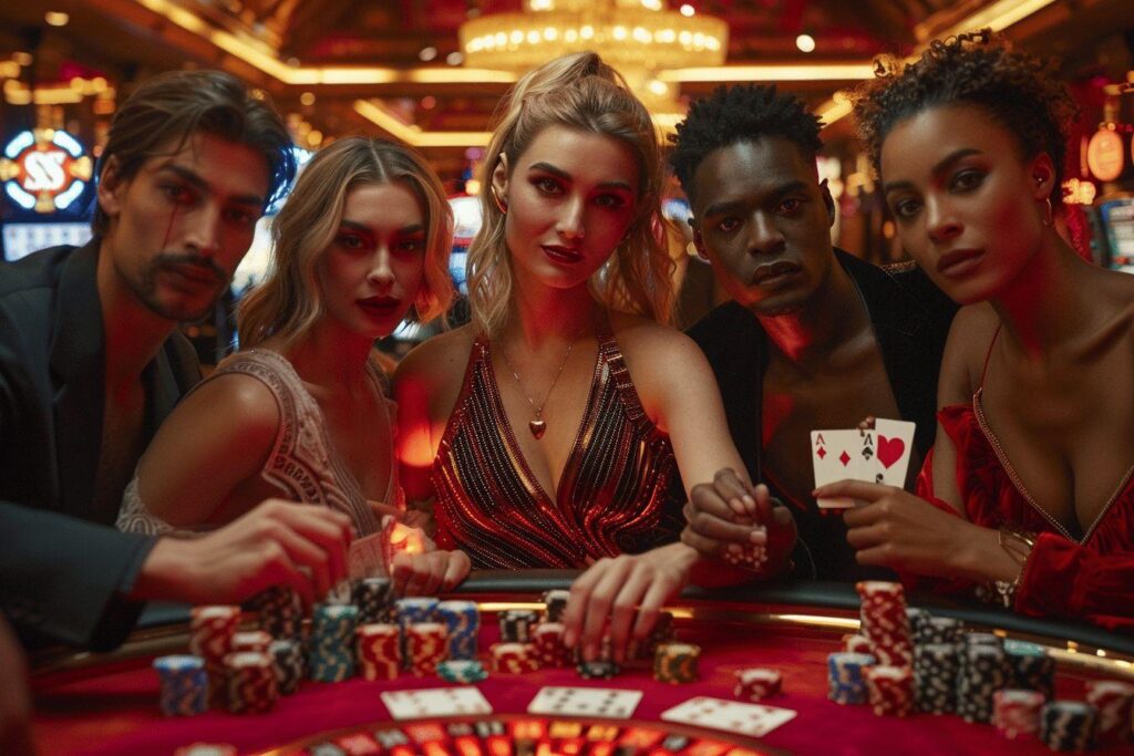 A group of stylishly dressed people playing cards at a casino table.