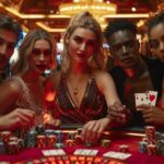 A group of stylishly dressed people playing cards at a casino table.