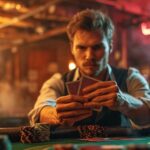 A man intensely examining his cards at a dimly lit poker table.