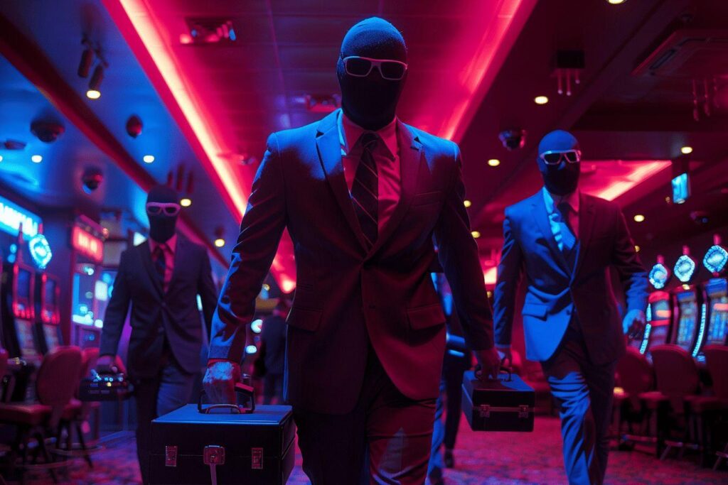 Figures in dark suits and masks walk through a neon-lit nightclub