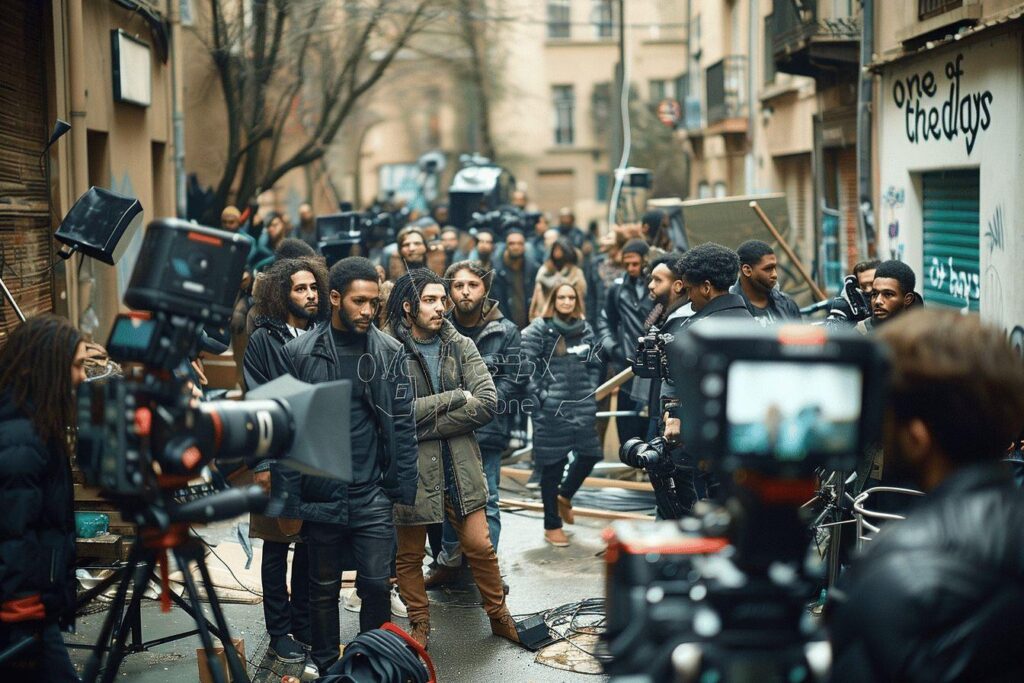A bustling urban street filled with a large group of people, including crew members and equipment, suggesting a film production in progress.