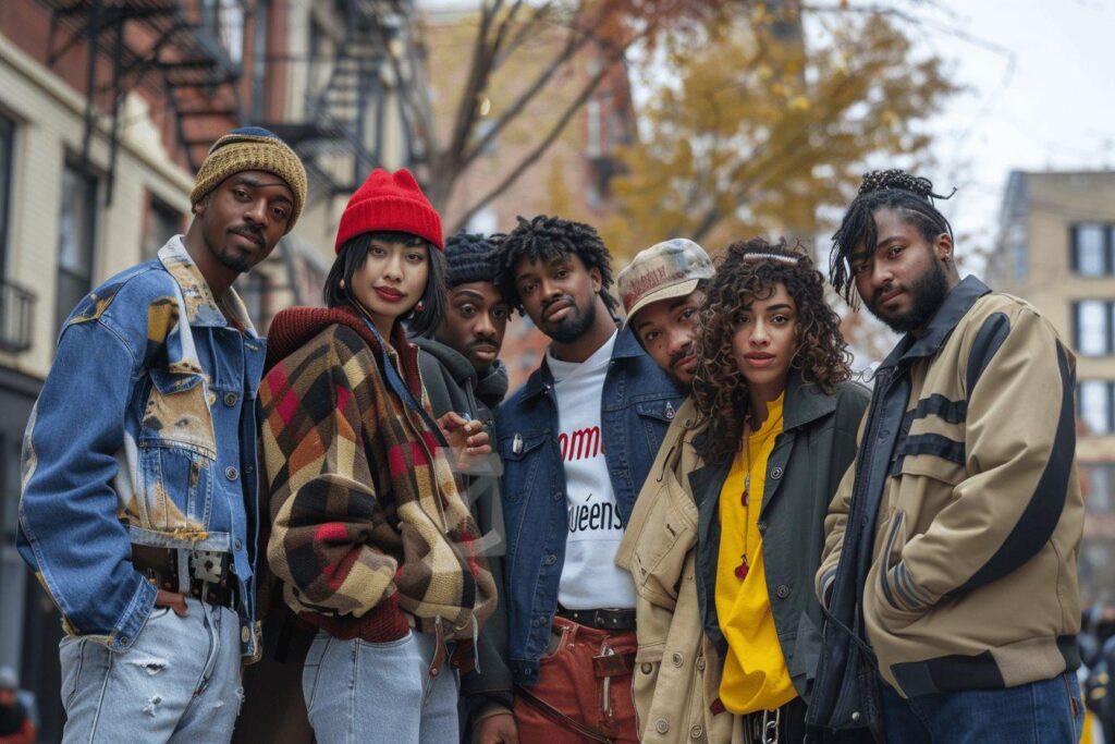 A group of young, diverse people standing together in an urban setting.