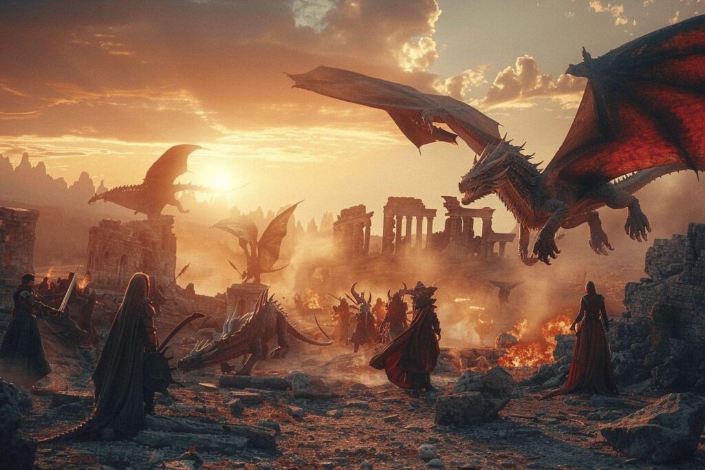 Dramatic scene of a massive dragon battle over a ruined fantasy landscape