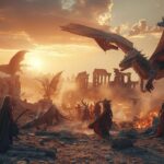 Dramatic scene of a massive dragon battle over a ruined fantasy landscape