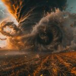 A powerful tornado sweeps across a rural landscape, sending debris and flames into the air.