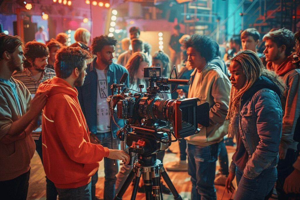 A group of people gathered around a camera on a tripod, filming a scene