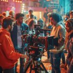 A group of people gathered around a camera on a tripod, filming a scene