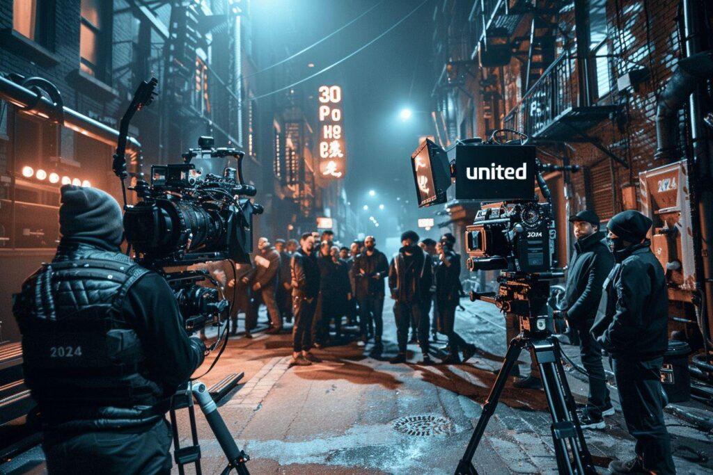 Film crew with cameras and equipment on a city street at night