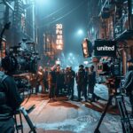 Film crew with cameras and equipment on a city street at night