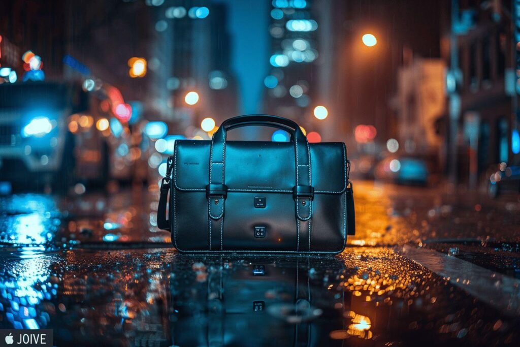 A black leather briefcase reflected in a wet city street at night.