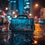 A black leather briefcase reflected in a wet city street at night.