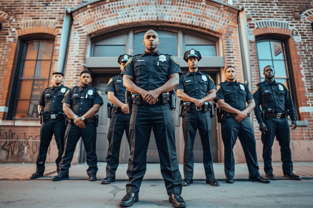 A group of police officers standing in front of a brick building