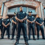 A group of police officers standing in front of a brick building