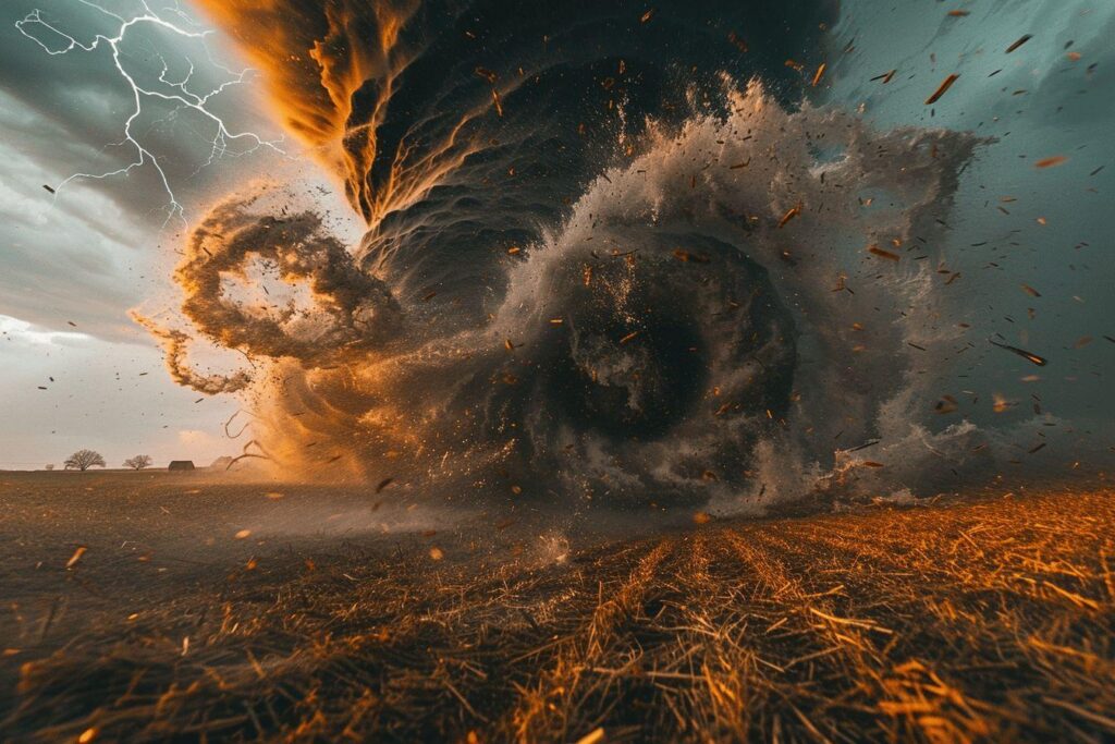 A powerful tornado sweeps across a rural landscape, sending debris and flames into the air.