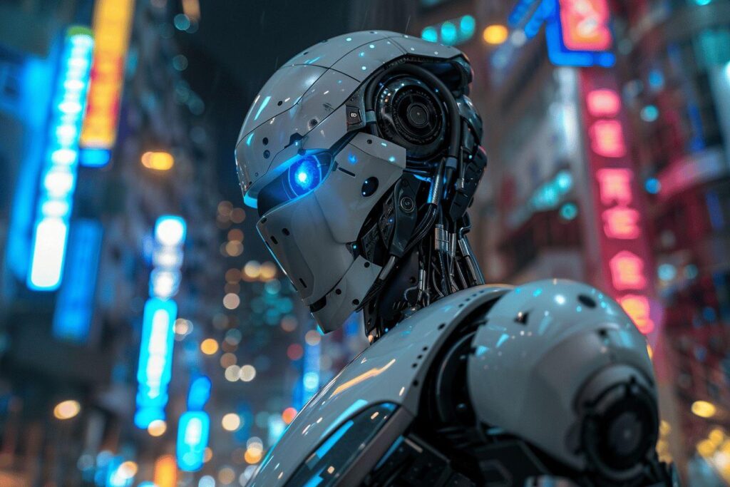A robotic figure with glowing blue lights in a neon-lit urban setting