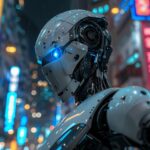 A robotic figure with glowing blue lights in a neon-lit urban setting