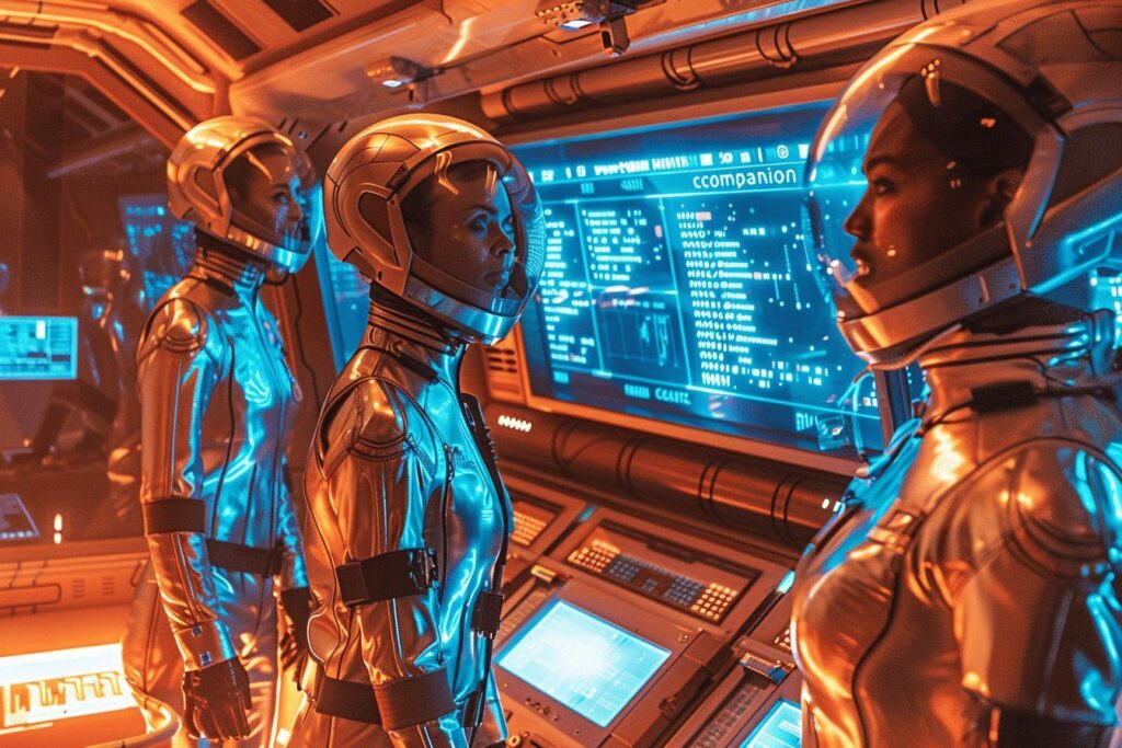 Two astronauts in a high-tech, futuristic spacecraft control room