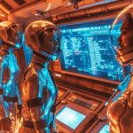 Two astronauts in a high-tech, futuristic spacecraft control room