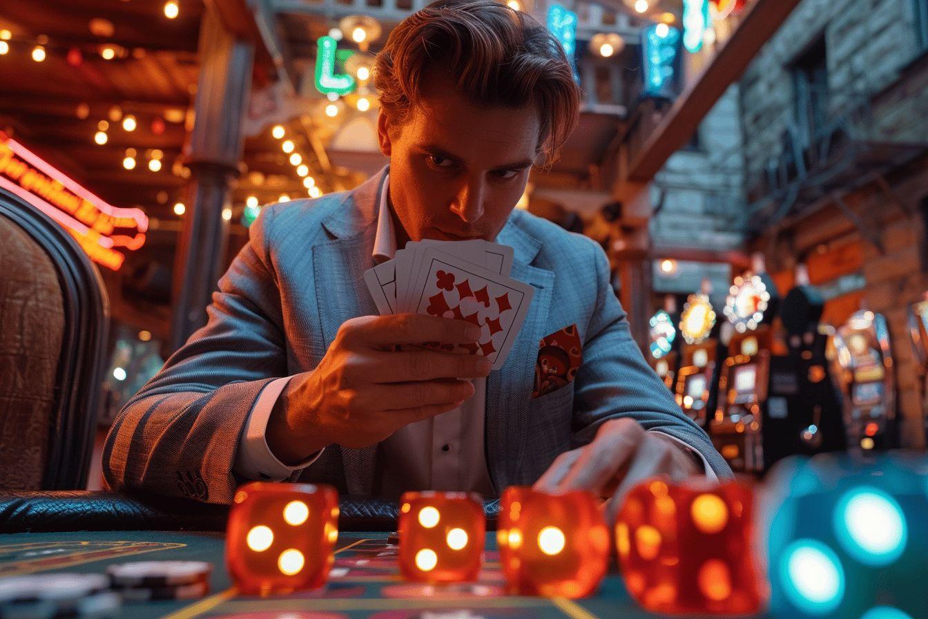 A well-dressed man playing cards in a dimly lit, neon-lit casino setting.