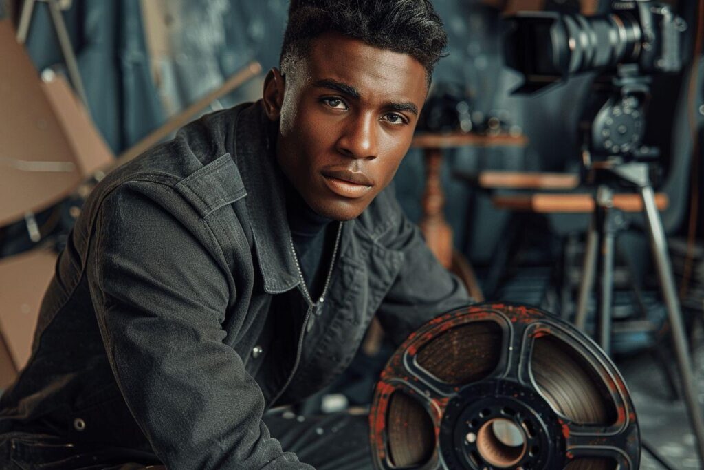 A serious-looking African American man in a gray jacket sits in a studio setting.