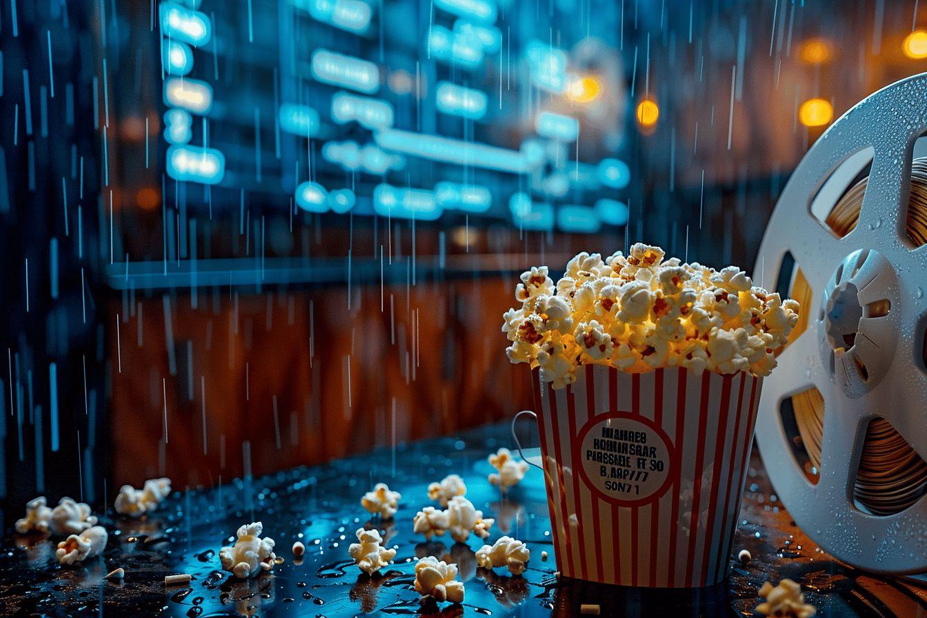Popcorn spilled on the floor amid rain and film reel in a movie theater